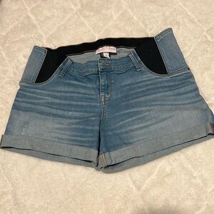 Isabel Maternity midi denim shorts; distress blue; side elastic